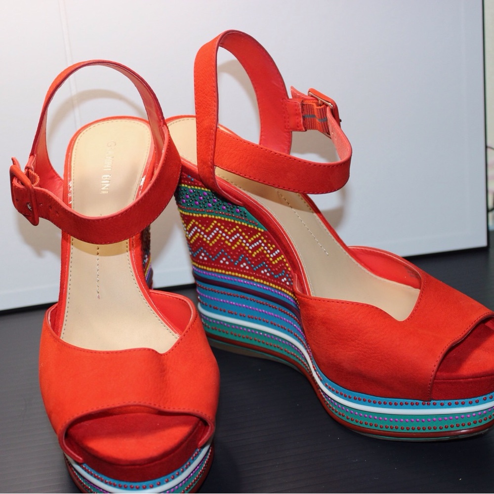Red With Multi Color Platform Heel Sandals - image 2